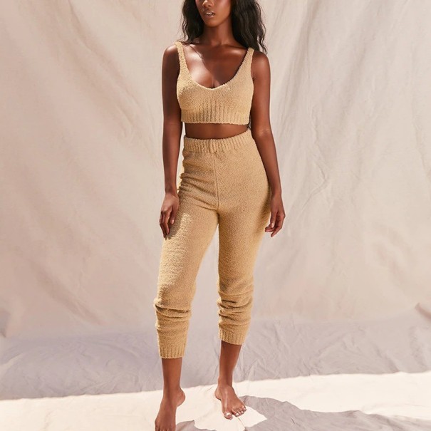 Top corto lavorato a maglia da donna e pantaloni B1110 marrone chiaro M