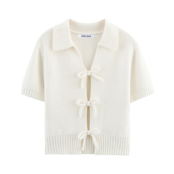 Top court en tricot pour femmes avec col Manches courtes Trois lacets à nouer à l'avant Top d'été uni Différentes couleurs Polyester Coton blanc M