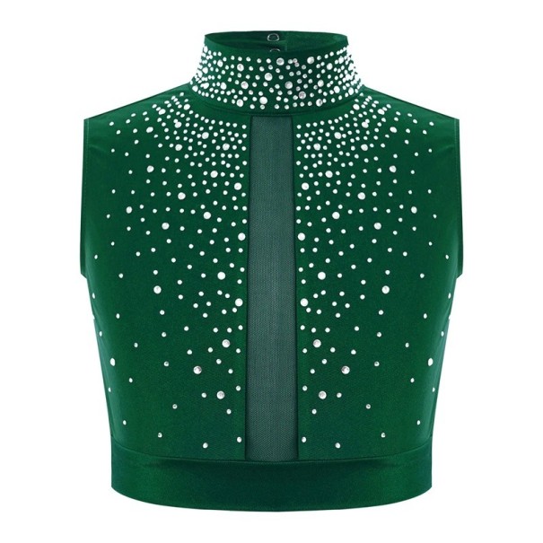 Top crop da danza per ragazze con colletto alto decorato con strass, poliestere, per balletto, ginnastica, danza moderna e spettacoli verde 14