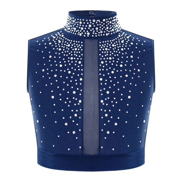 Top crop de dança para meninas com gola alta decorado com pedras brilhantes, poliéster, para balé, ginástica, dança moderna e atuações azul escuro 12