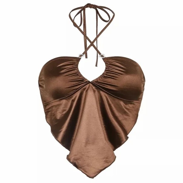 Top Crop Feminino Castanho Decote em V Alças Finas à Volta do Pescoço Top de Verão Elegante em Poliéster e Spandex M