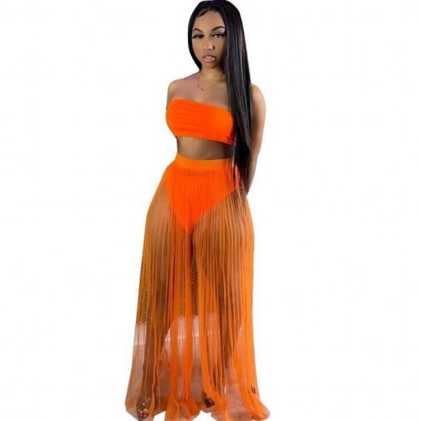 Top crop feminino e saia transparente B1265 laranja S