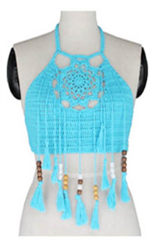 Top cropped de malha para senhora com franjas azul claro