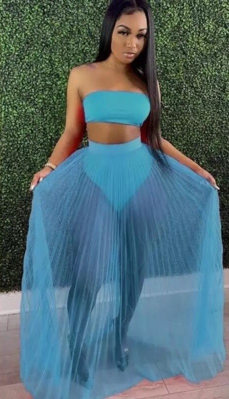 Top cropped feminino e saia P1173 azul M