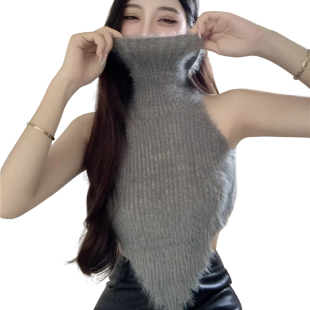 Top Cropped Tricotat pentru Femei cu Guler înalt și Blăniță gri L