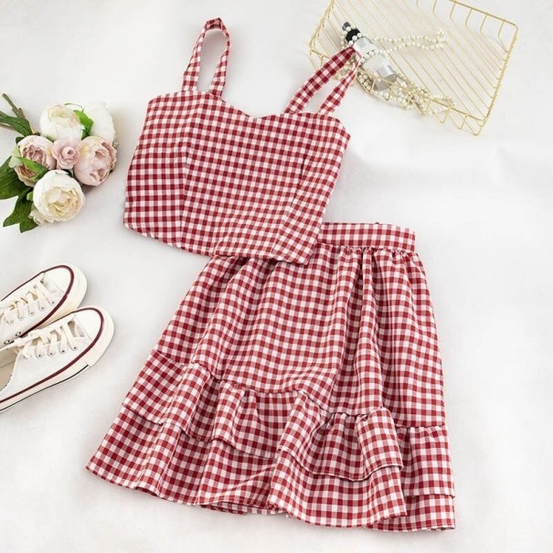 Top cropped xadrez feminino e saia vermelho