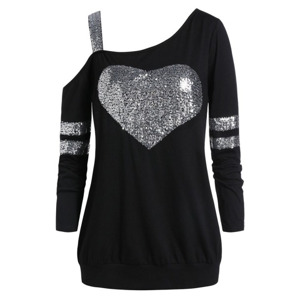 Top da donna con cuore di paillettes nero L