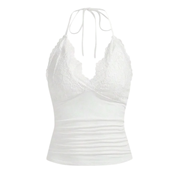 Top da donna in pizzo con spalline sottili Scollo a V Chiusura dietro il collo Top elegante monocolore in poliestere e spandex bianco M