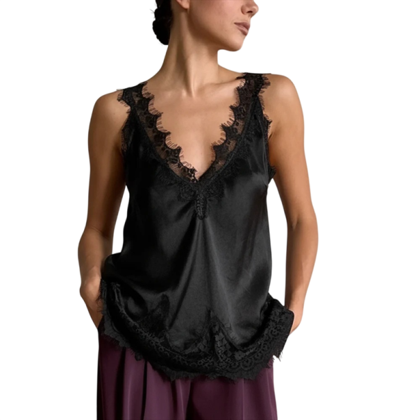 Top da donna tinta unita con pizzi spalline larghe scollatura a V materiale poliestere elegante top estivo per donne nero S