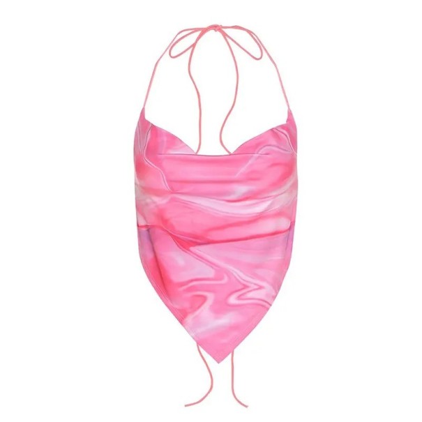 Top damă crop simplu cu marmorat Decolteu în V Bretele subțiri la gât Poliester spandex roz L