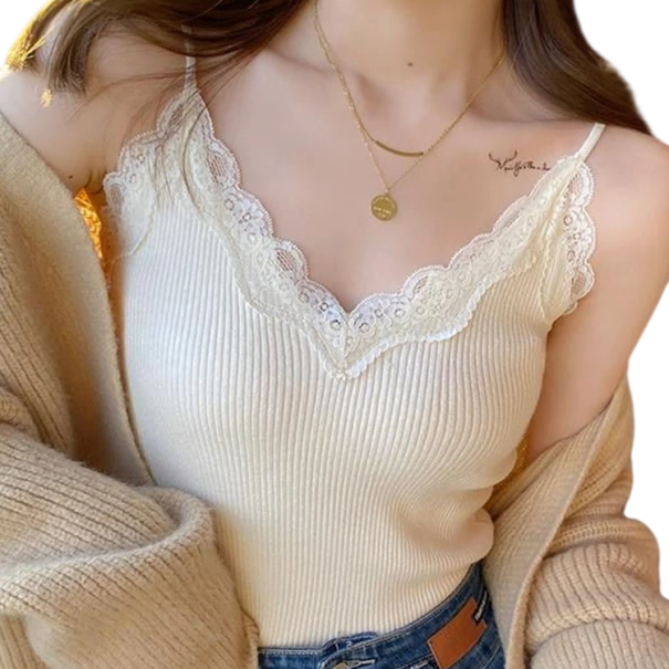 Top damă de tip cămașă cu mărime universală, simplu, cu dantelă, bretele subțiri, decolteu în V, material din poliester și bumbac, top elegant bej