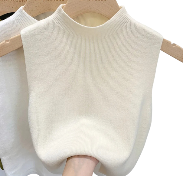 Top damă din tricot fără mâneci din poliester și bumbac, uni, elegant, cu decolteu rotund, mărime universală bej