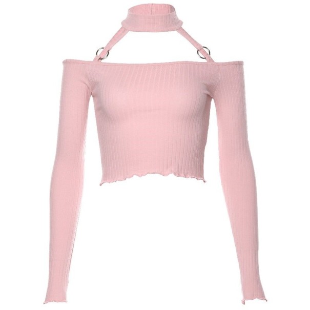Top de cuello alto de manga larga para mujer rosa S