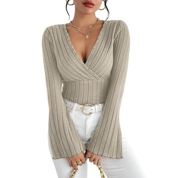 Top de damă cu nervuri, decolteu adânc în V, mânecă lungă, bluză elegantă cu tiv cu volane, mâneci tip clopot, croială slim fit bej S