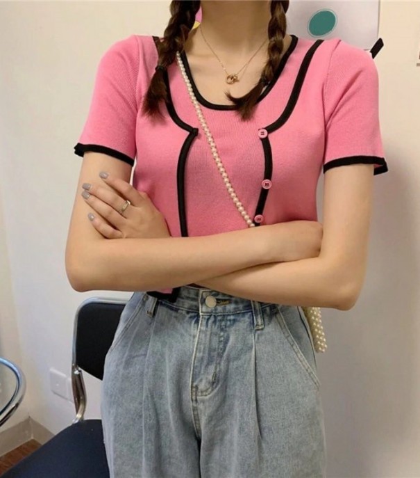 Top de malha feminino com botões G381 rosa