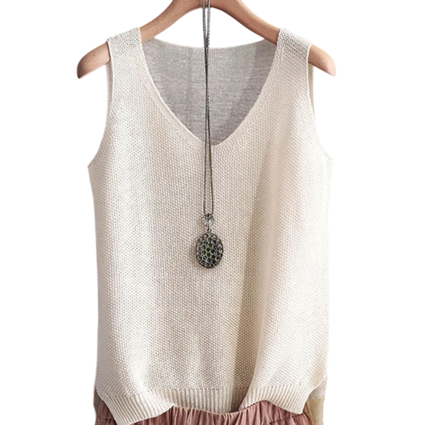 Top de malha sem mangas para senhora com decote em V T-shirt elegante de malha leve de corte solto Top de verão para o escritório e para o tempo livre bege