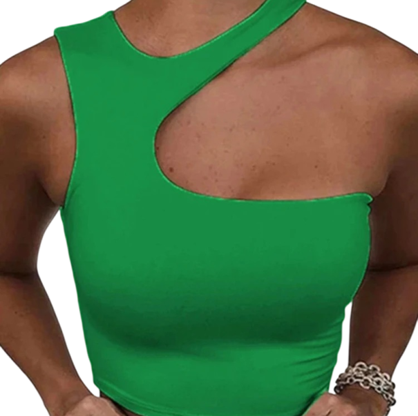 Top donna asimmetrico in tinta unita Crop top scollatura rotonda spalline larghe poliestere cotone moderno top estivo verde XS