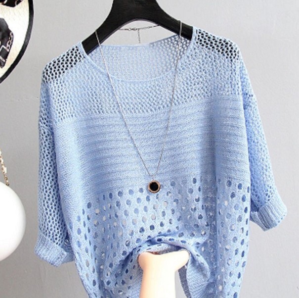 Top en tricot pour femmes à motifs ajourés bleu