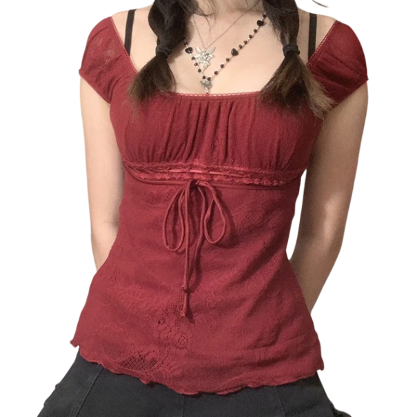 Top feminino com detalhes em renda Mangas rendadas Cintura com cordão Blusa elegante com decote alto Para o tempo livre e à noite vermelho L