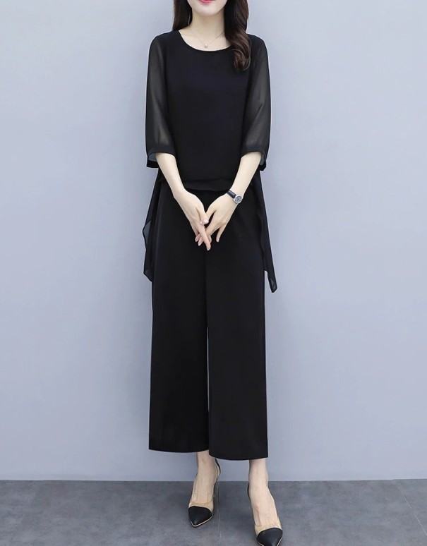 Top feminino de mangas longas e calças B1184 preto S