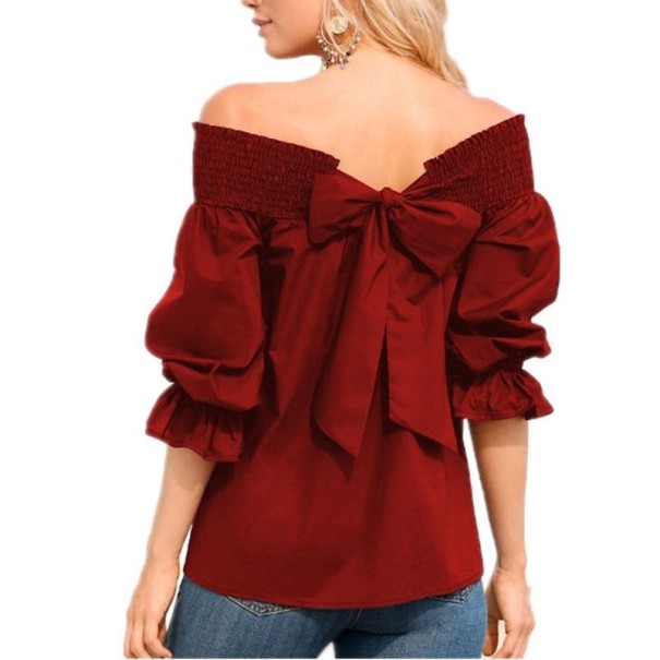 Top feminino franzido com laço vermelho escuro 5XL