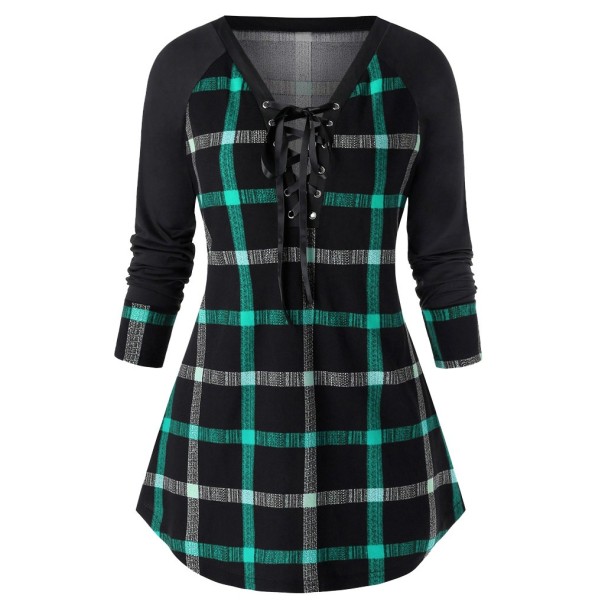Top largo de mujer con estampado de cuadros verde XXL