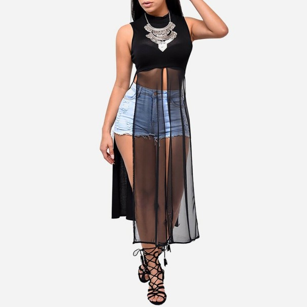 Top longo feminino transparente preto XS