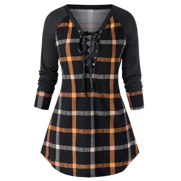Top lung de damă cu model cu carouri galben închis 3XL
