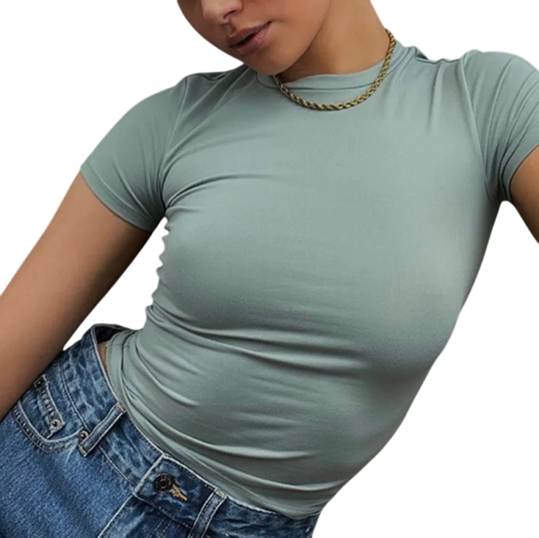 Top scurt cu mânecă scurtă pentru femei. Top elastic mulat cu decolteu rotund. Tricou modern la modă. Croială scurtă casual. Îmbrăcăminte casual. verde S