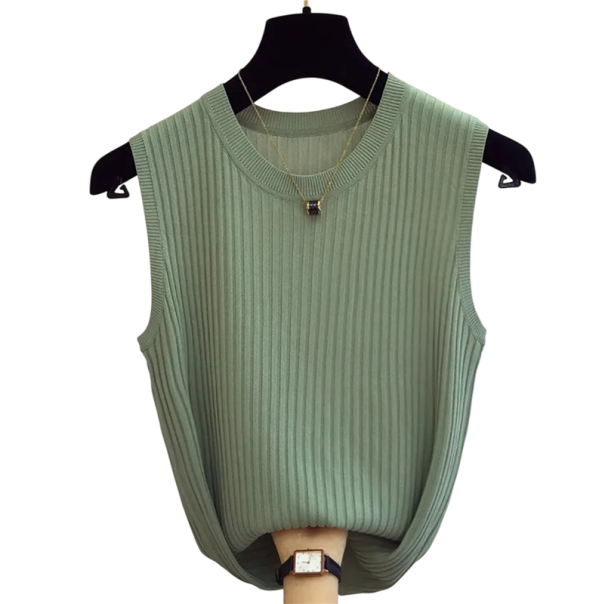 Top senza maniche da donna in maglia Elegante maglia a coste Materiale leggero e morbido Collo rotondo Vestibilità più ampia Outfit estivo alla moda verde