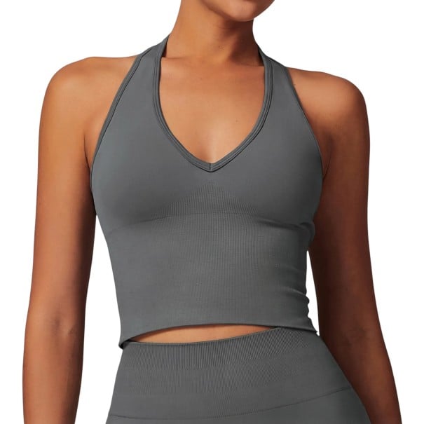 Top sportivo da donna con scollatura a V e schiena scoperta in taglio aderente allungato senza maniche per yoga, pilates e fitness grigio S