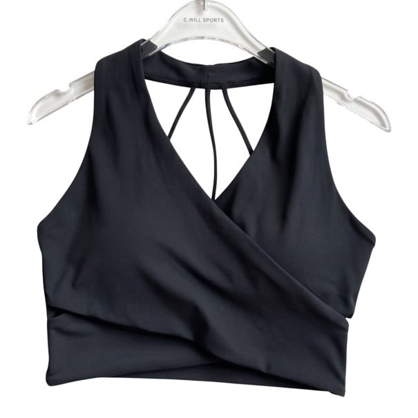Top sportivo da donna con scollatura profonda a V e parte anteriore incrociata con sottili fasce sulla schiena in taglio corto nero S