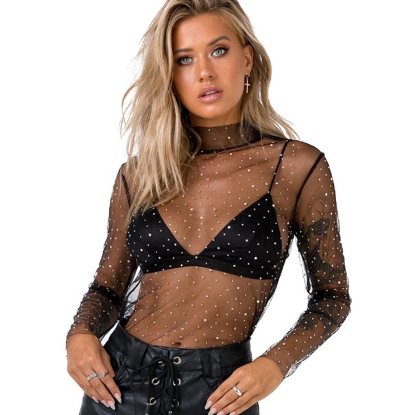 Top transparent pour femme à manches longues noir S