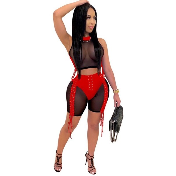 Top y pantalones cortos transparentes para mujer rojo L