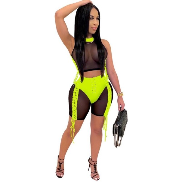 Top y pantalones cortos transparentes para mujer verde neón L Top y pantalones cortos transparentes para mujer verde neón L