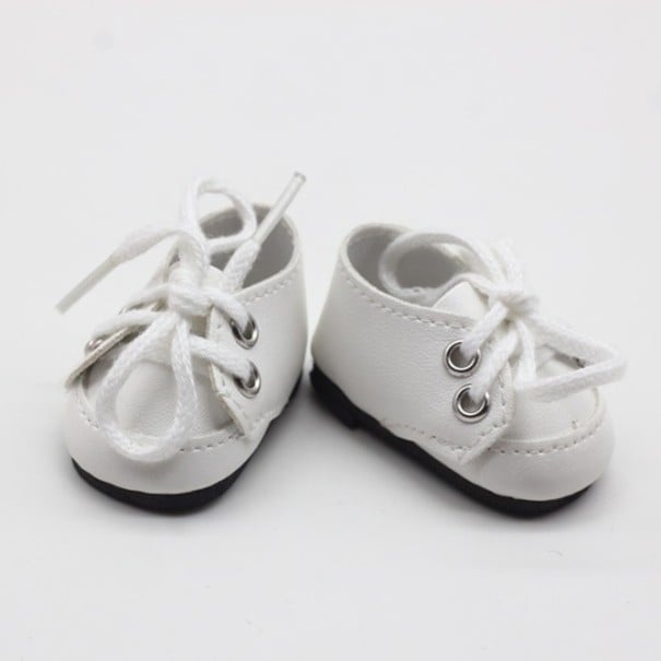 Topánky na šnúrky pre bábiku Nízke topánky s kovovými očkami z PU kože a textílie Rozmer 5 x 2,8 cm Pomôcka na nácvik zaväzovania šnúriek biela