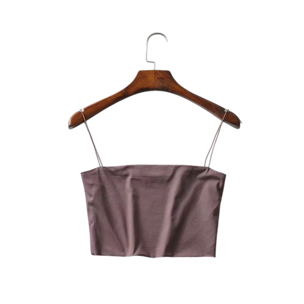 Topuri crop pentru femei cu bretele subțiri, decolteu rotund, top scurt din poliester și spandex, top elastic de vară maro M