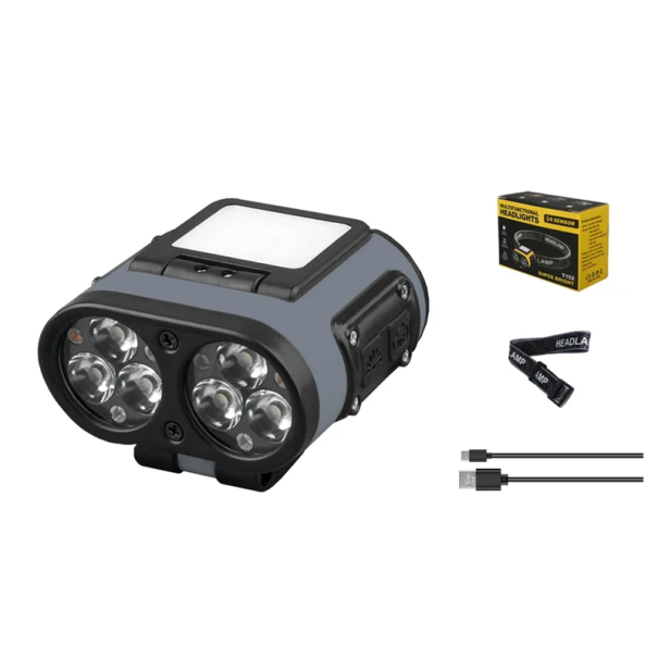 Torcia LED ricaricabile con cavo USB C 1500 mAh IPX4 impermeabile 5 modalità di luce Cinturino elastico rimovibile materiale ABS PC 55x60x35 mm grigio