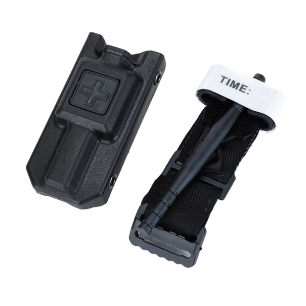 Torniquete táctico com bolsa para cinto Torniquete táctico para aplicação com uma mão Cinta de aperto Carretel de plástico 12 x 6 cm preto