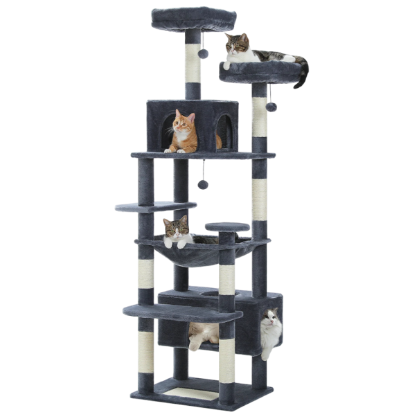 Torre per gatti e graffiatoio 184x53x43 cm Albero multi-livello per gatti Amaca Graffiatoi in sisal Cuccette imbottite Appartamenti grigio scuro