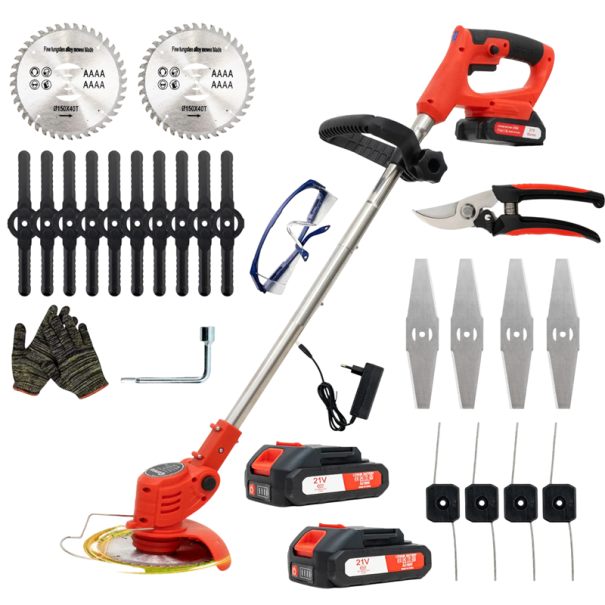 Tosaerba a batteria 21V con 2 batterie da 3000mAh Manico antiscivolo Testa regolabile 0–90° 124 cm 4 tipi di lame Spina EU 1