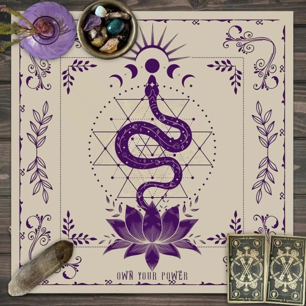 Tovaglia con motivi di tarocchi 75 x 75 cm Tovaglia viola con motivo di serpente Decorazione per divinazione Tovaglia per altare Decorazione esoterica e mistica 1