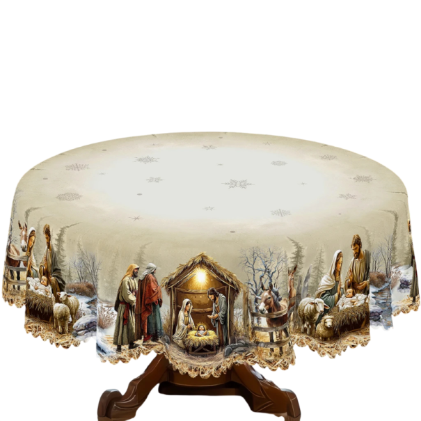 Tovaglia di Natale con motivo del presepe 152 cm Tovaglia decorativa rotonda per tavolo natalizio Tovaglia beige per feste natalizie in casa e cene festive 1