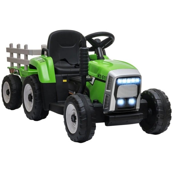 Tractor electric pentru copii cu remorcă și lumini LED, 136,5x50x52,5 cm, polipropilenă și metal, capacitate de încărcare 30 kg, pentru copii 3–6 ani verde