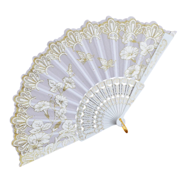 Tradiční čínský vějíř 42,5 x 23 cm Dekorativní vějíř z plastu a látky Elegantní doplněk Orientální styl Domácí výzdoba Sběratelský kousek bílá
