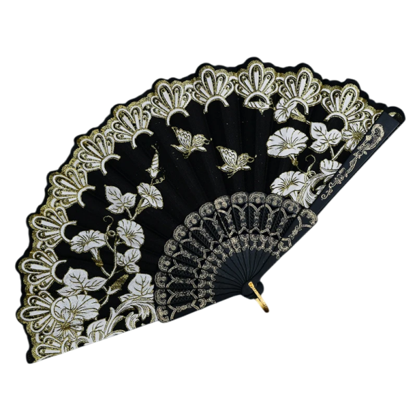 Tradiční čínský vějíř 42,5 x 23 cm Dekorativní vějíř z plastu a látky Elegantní doplněk Orientální styl Domácí výzdoba Sběratelský kousek černá