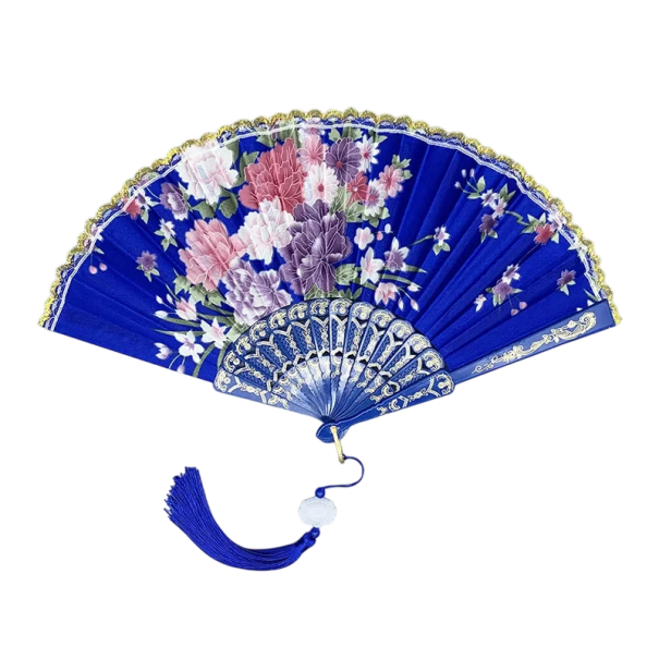 Traditioneller chinesischer Fächer, 42,5 x 23 cm, eleganter Faltfächer aus Kunststoff und Stoff, Dekoration im asiatischen Stil, Tanzaufführungskostüm dunkelblau