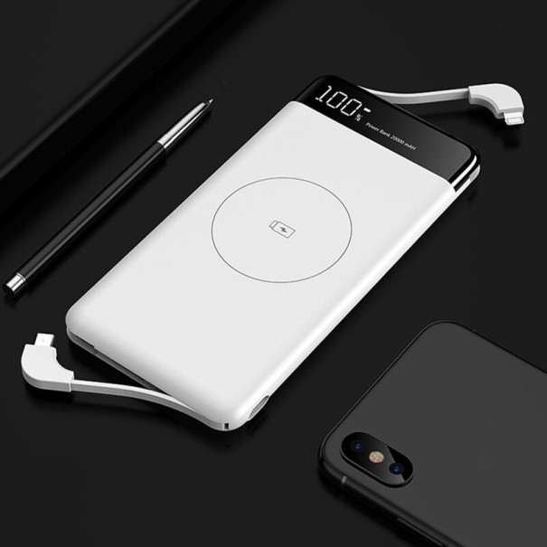 Trådløs powerbank med indbyggede kabler 10000 mAh hvid