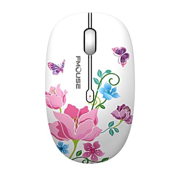 Trådløs stille mus til computer og bærbar Hvid med blomsterdesign USB-modtager 2,4 GHz Opløsning 1600 DPI Rækkevidde 10 m Fire knapper 1