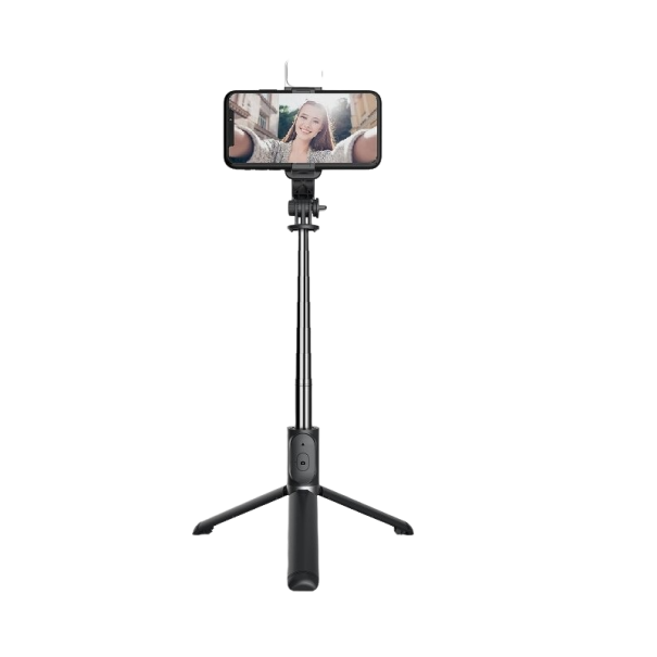 Trådløst mini-stativ med selfiestang og lys sort